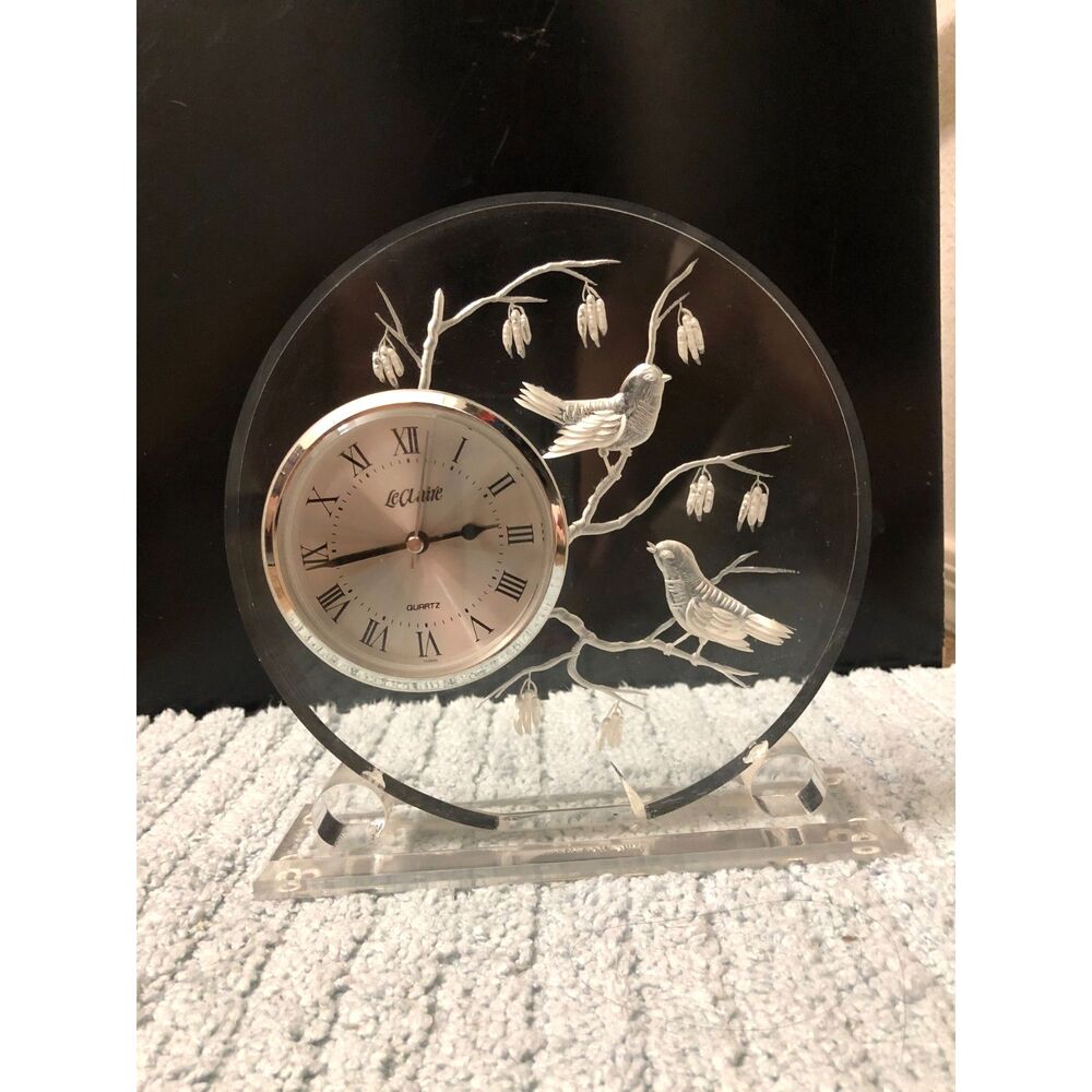 Vintage 80s Le Claire Lucite Desk Clock 3D Etched Acrylic Birds Branch MCM Retro